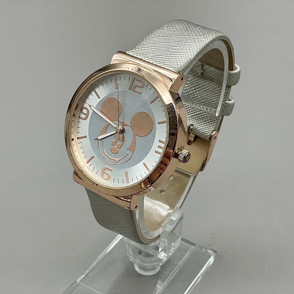 Disney Womens Watch Silver Dial Gray Faux Leather Strap Mickey Mouse Rose Gold